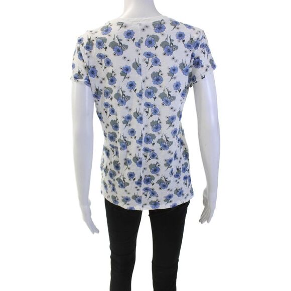 Goldie Womens Floral Print Short Sleeves Shirt White Blue Cotton Size Large - Picture 3 of 5